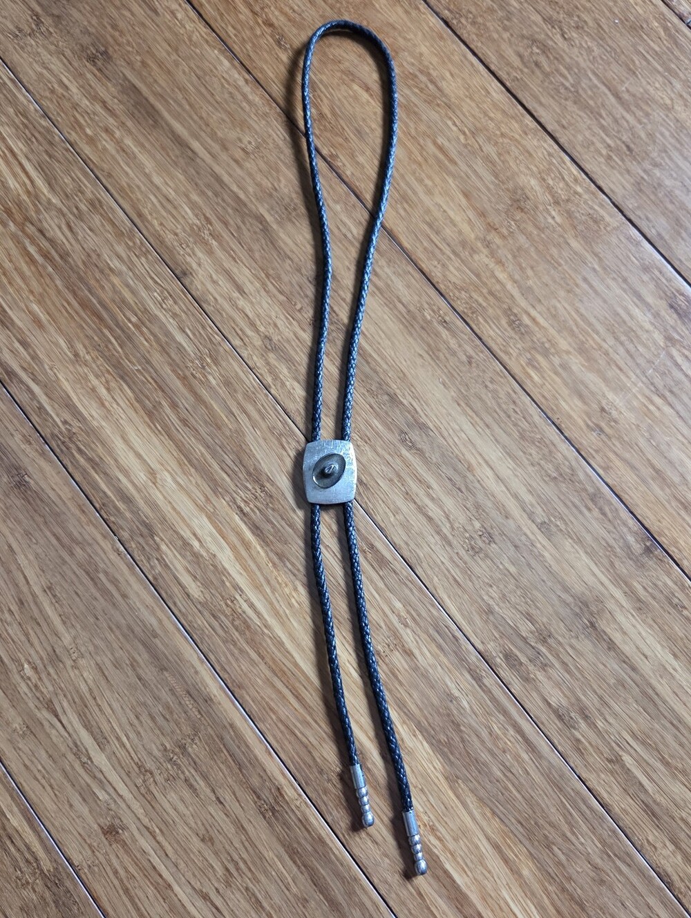 Vintage Western Bolo Tie Black Braided Cord Mini Cowboy Hat Slide Silver Tone